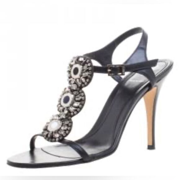 Fendi Black Embellished Leather Ankle Strap Sandals Size 37 heels 4” - Picture 1 of 15